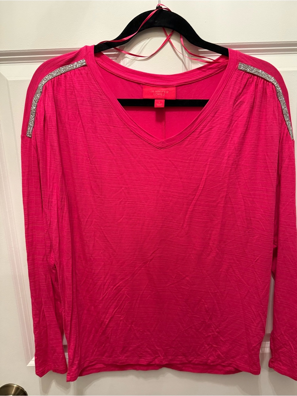 Jennifer Lopez Bright Pink V-Neck Long Sleeve Top with Silver Shoulder Trim